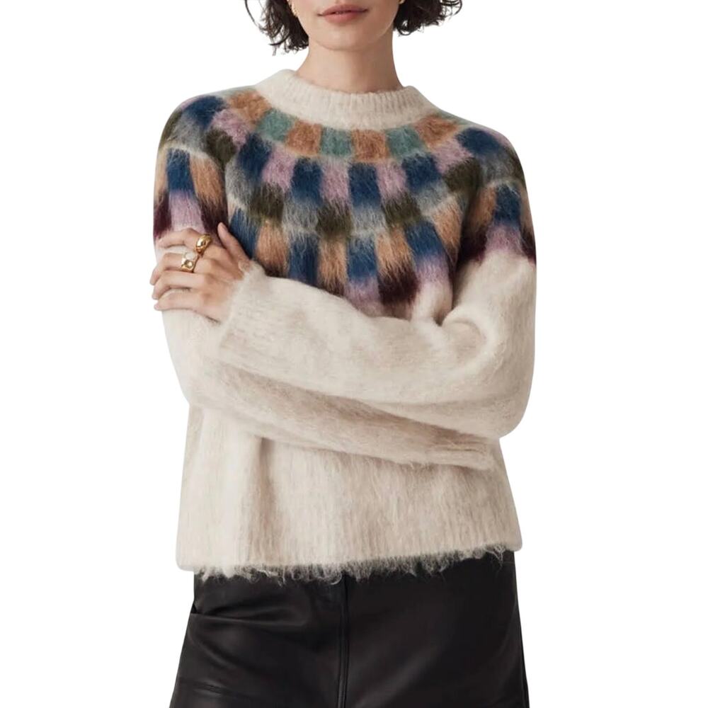 Madewell Fuzzy Sweater Size Small Brushed Checkerboard Fair Isle Alpaca Wool